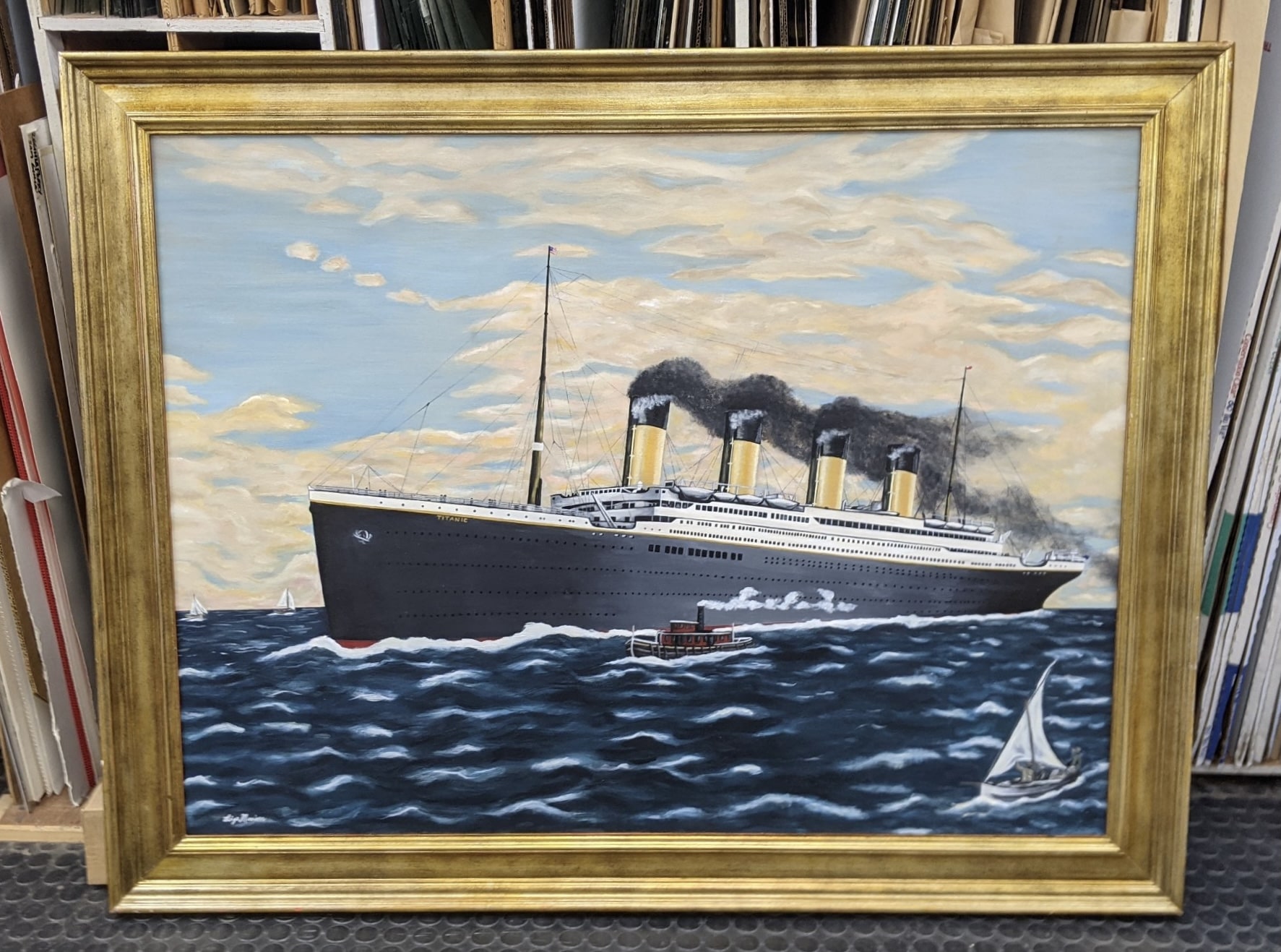 Oil painting of the Titanic framed