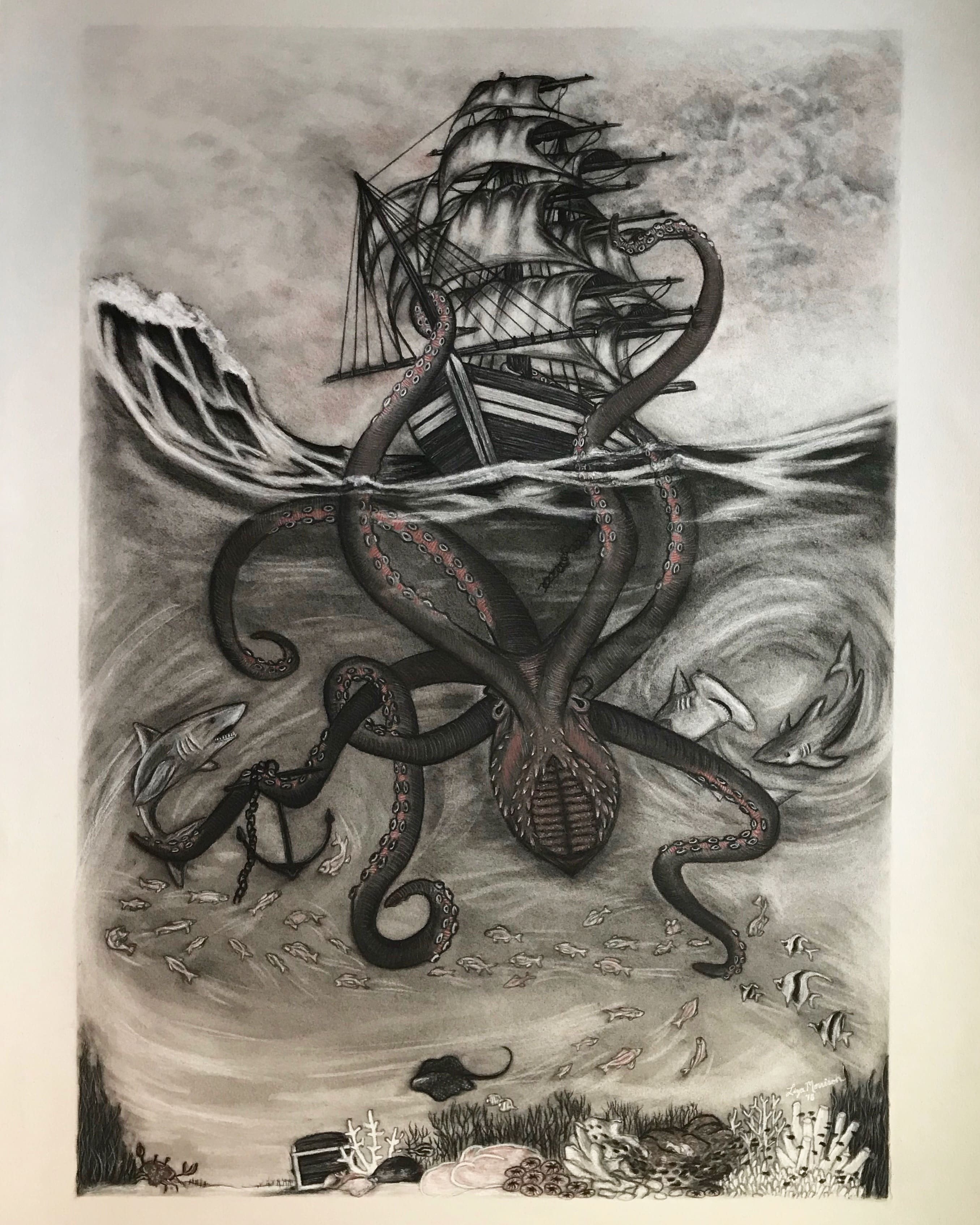 Drawing of an octopus and ship